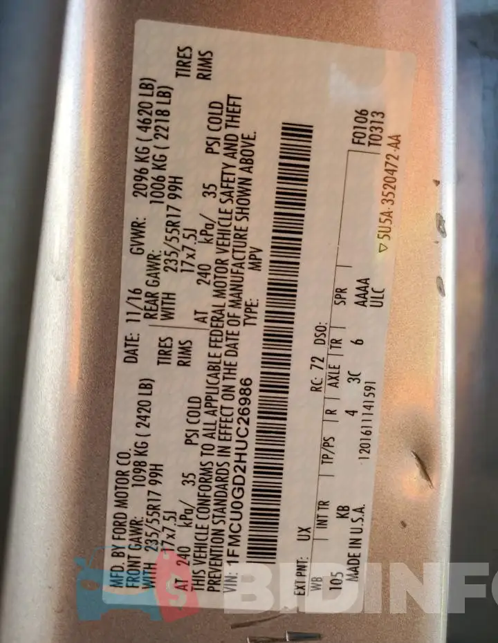1FMCU0GD2HUC26986 Photo# 14