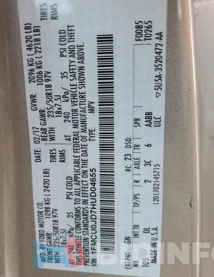 1FMCU0JD7HUD04655 Photo# 12