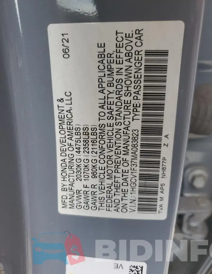 1HGCV1F37MA083823 Photo# 12