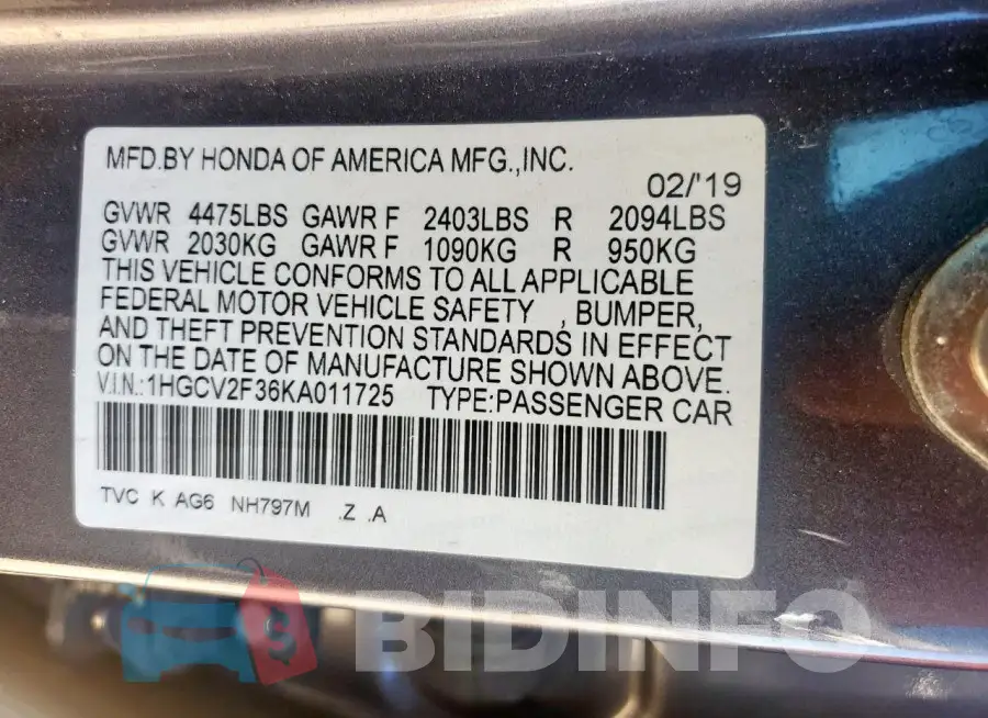 1HGCV2F36KA011725 Photo# 12
