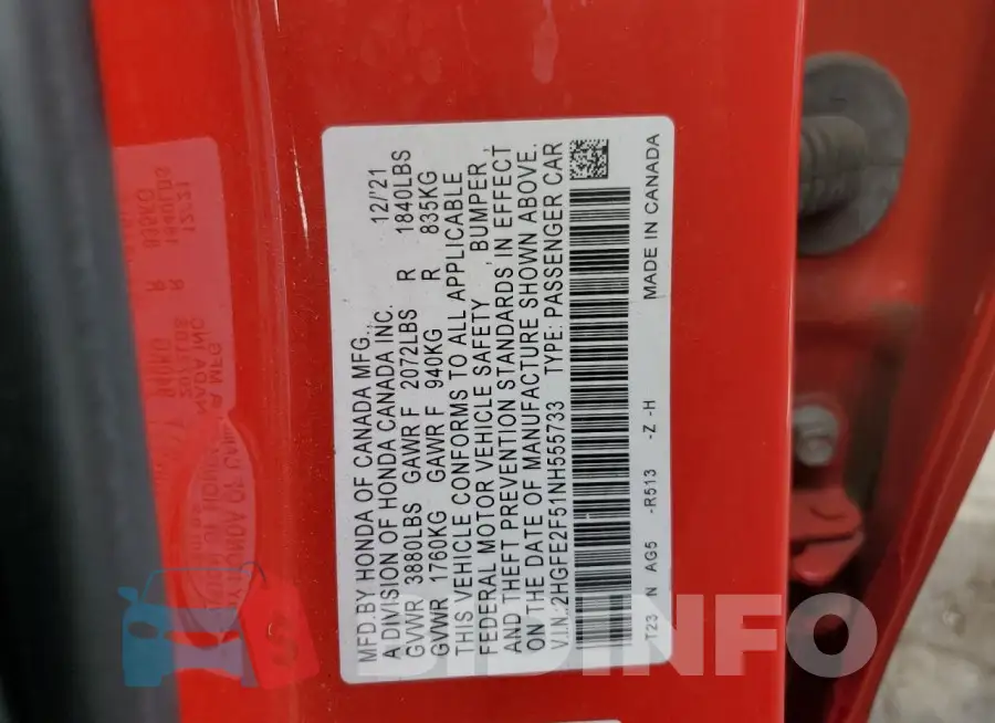 2HGFE2F51NH555733 Photo# 12