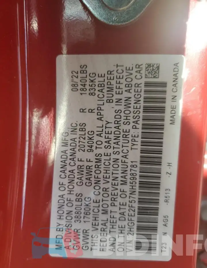 2HGFE2F57NH598781 Photo# 13