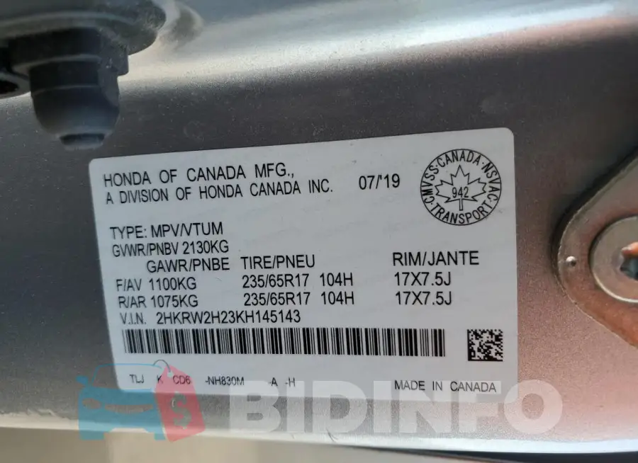 2HKRW2H23KH145143 Photo# 14