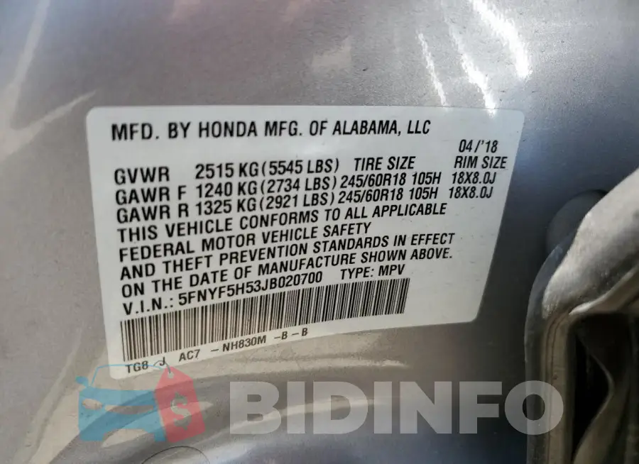 5FNYF5H53JB020700 Photo# 12