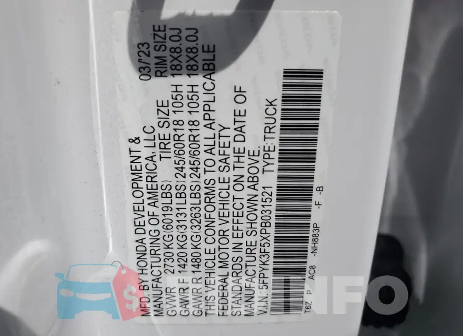 5FPYK3F5XPB031521 Photo# 12