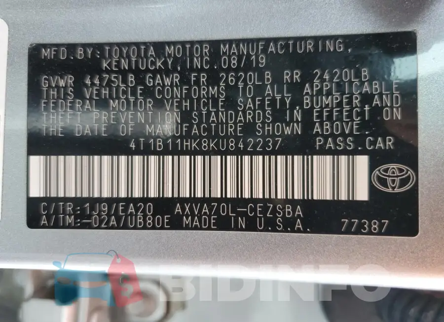 4T1B11HK8KU842237 Photo# 12