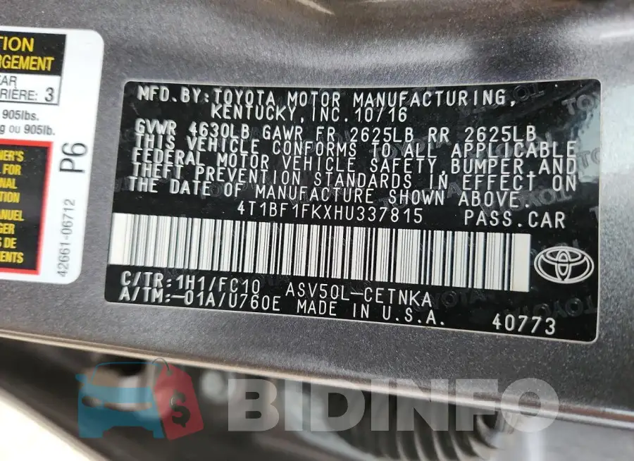4T1BF1FKXHU337815 Photo# 13