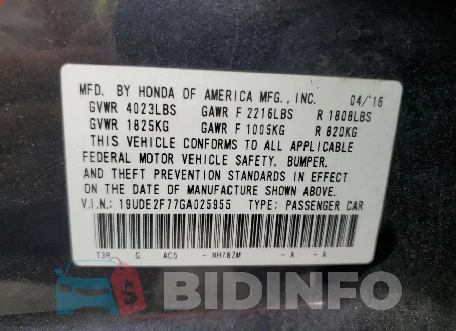 19UDE2F77GA025955 Photo# 13