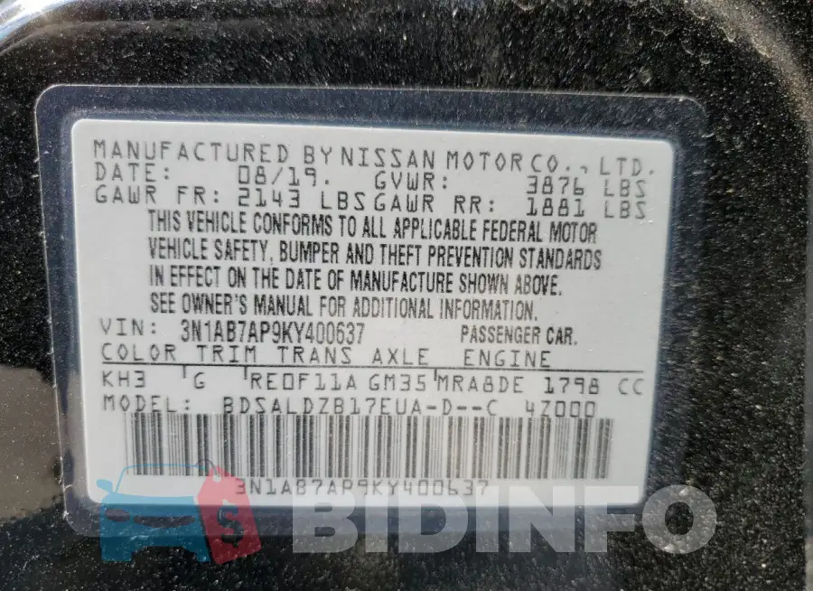 3N1AB7AP9KY400637 Photo# 12