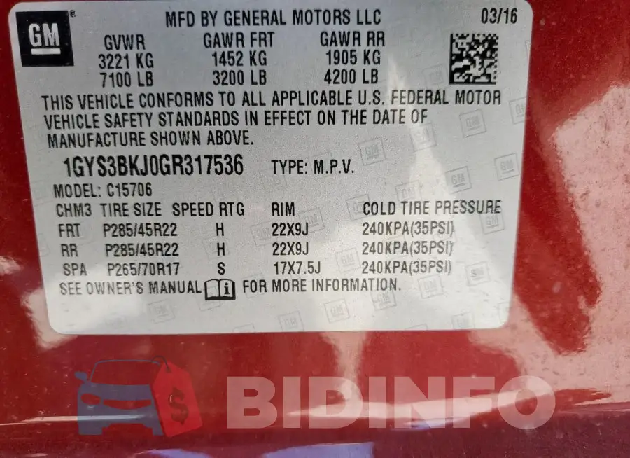 1GYS3BKJ0GR317536 Photo# 13