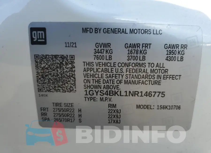 1GYS4BKL1NR146775 Photo# 13