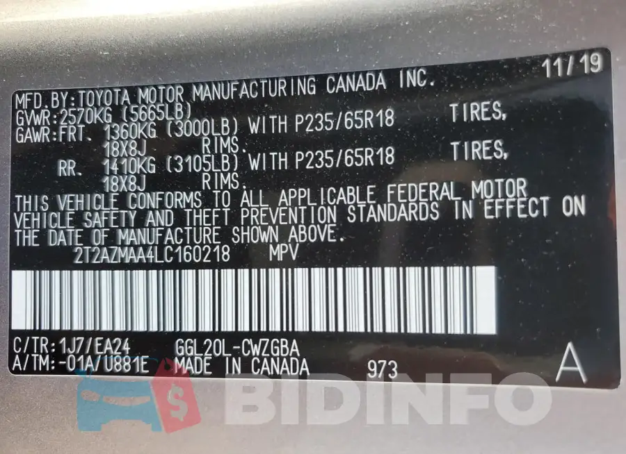 2T2AZMAA4LC160218 Photo# 14