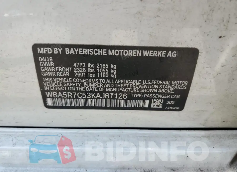 WBA5R7C53KAJ87126 Photo# 12