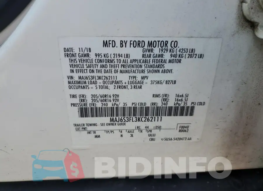 MAJ6S3FL3KC262111 Photo# 14