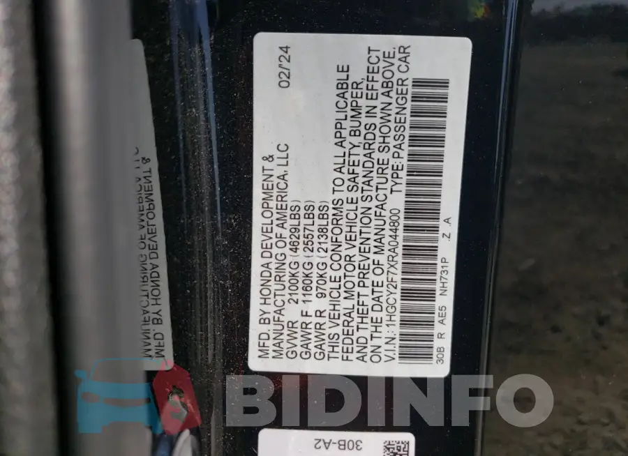 1HGCY2F7XRA044800 Photo# 12