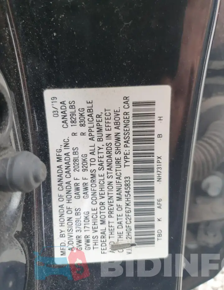 2HGFC2F67KH545833 Photo# 12