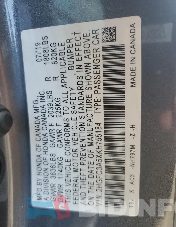 2HGFC3A5XKH755184 Photo# 12