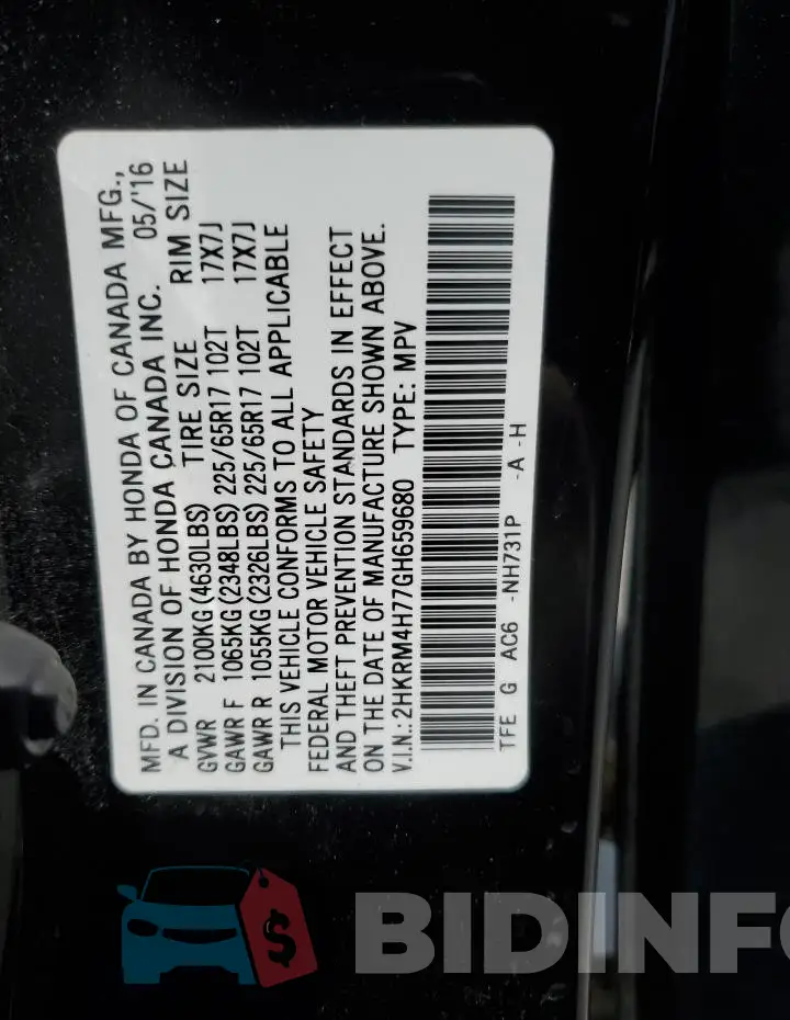 2HKRM4H77GH659680 Photo# 13