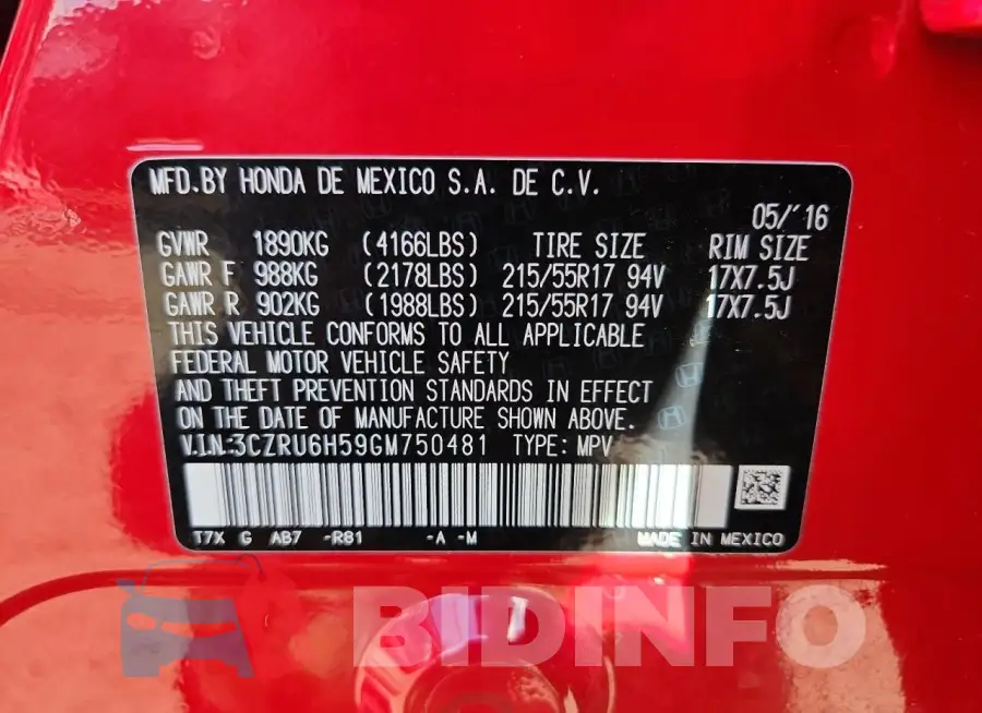 3CZRU6H59GM750481 Photo# 13