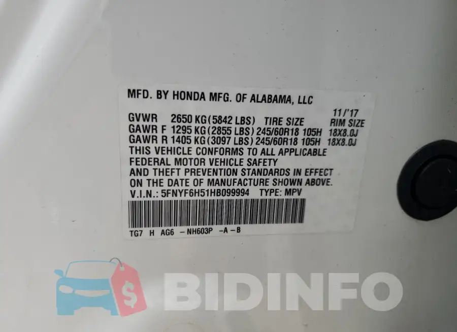 5FNYF6H51HB099994 Photo# 13
