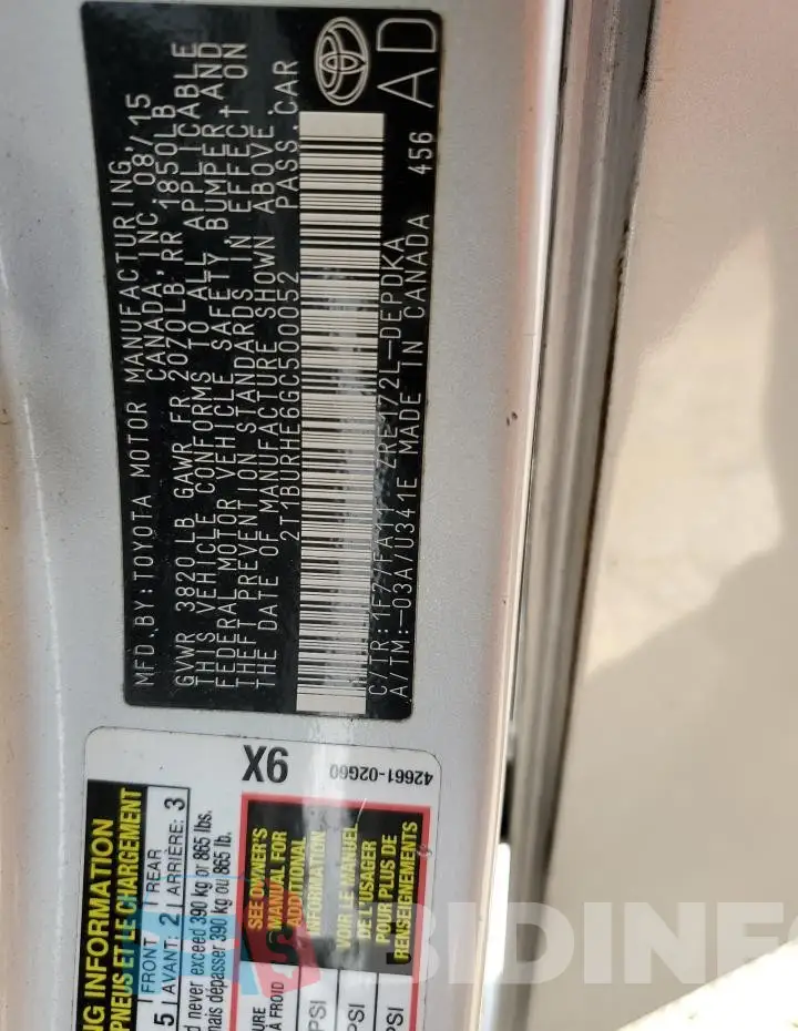 2T1BURHE6GC500052 Photo# 12