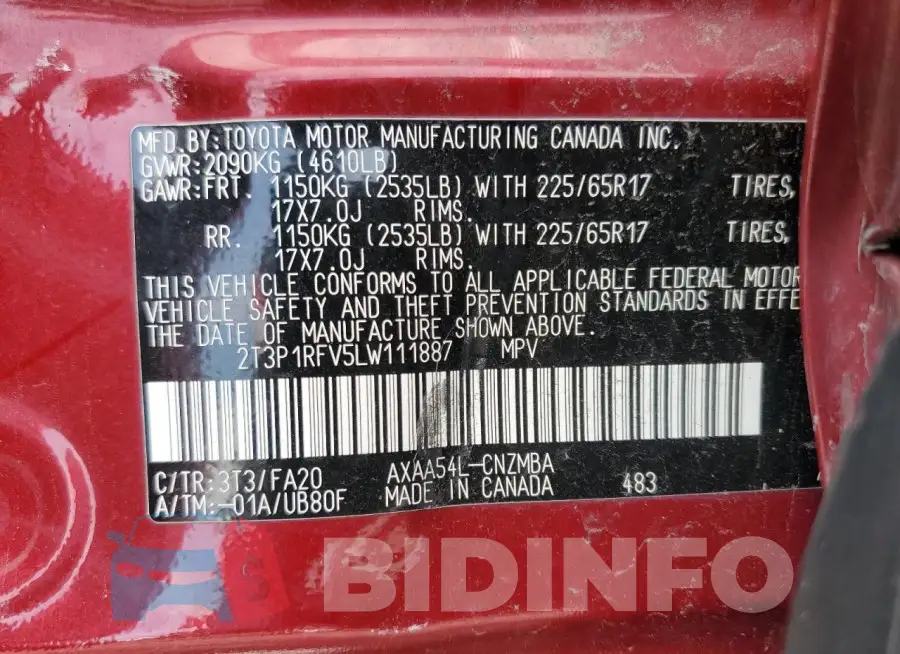 2T3P1RFV5LW111887 Photo# 12