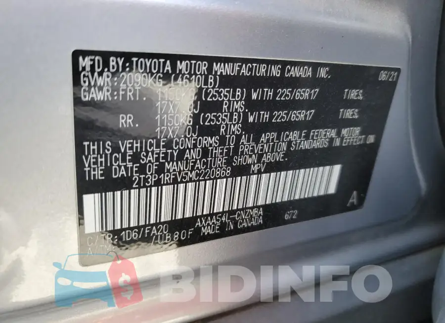 2T3P1RFV5MC220868 Photo# 14