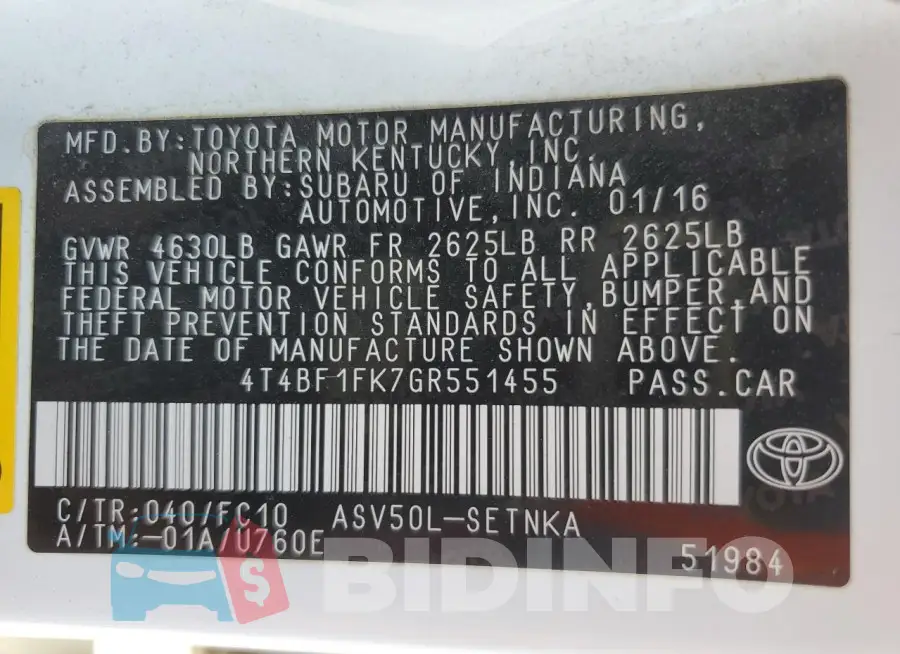 4T4BF1FK7GR551455 Photo# 12