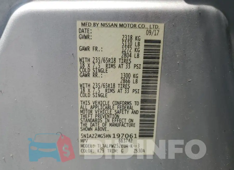 5N1AZ2MG5HN197061 Photo# 12