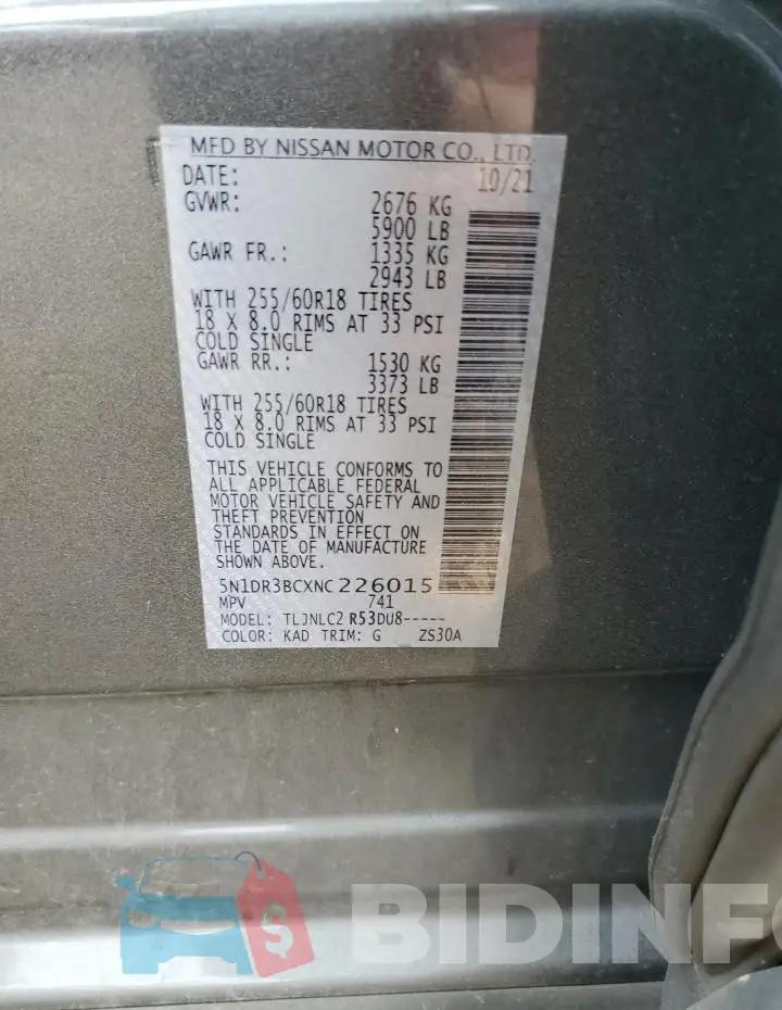 5N1DR3BCXNC226015 Photo# 12