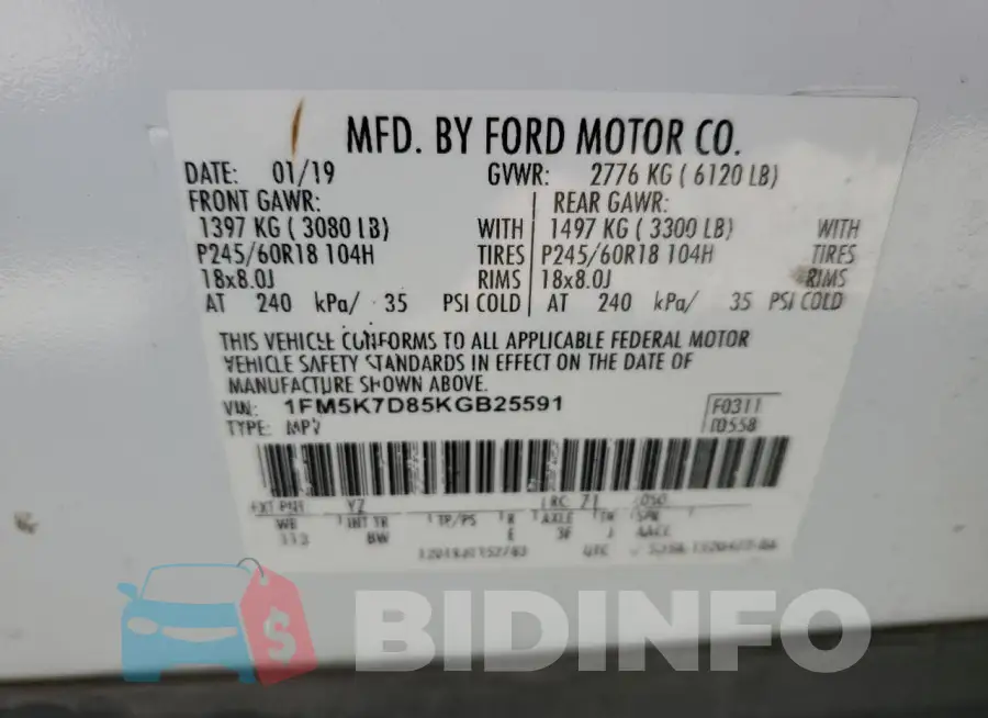 1FM5K7D85KGB25591 Photo# 13