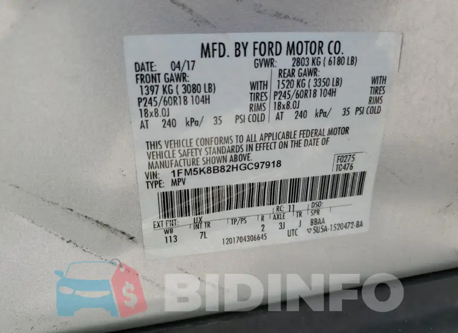 1FM5K8B82HGC97918 Photo# 13