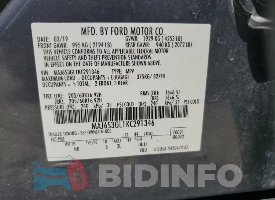 MAJ6S3GL1KC291346 Photo# 14