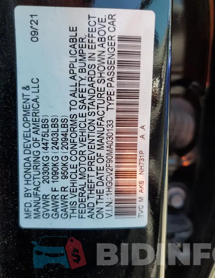 1HGCV2F90MA030133 Photo# 13