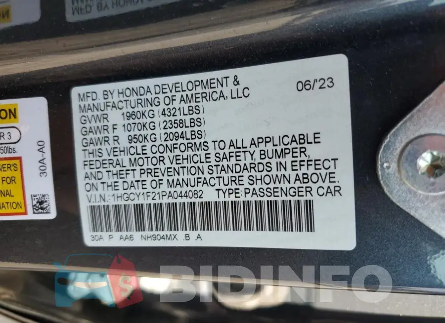 1HGCY1F21PA044082 Photo# 12