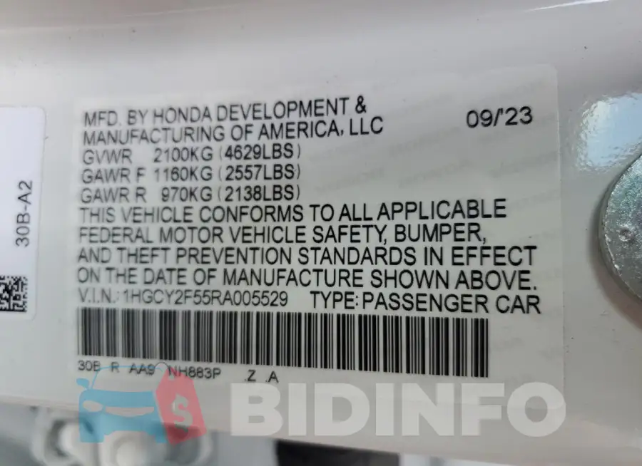 1HGCY2F55RA005529 Photo# 12