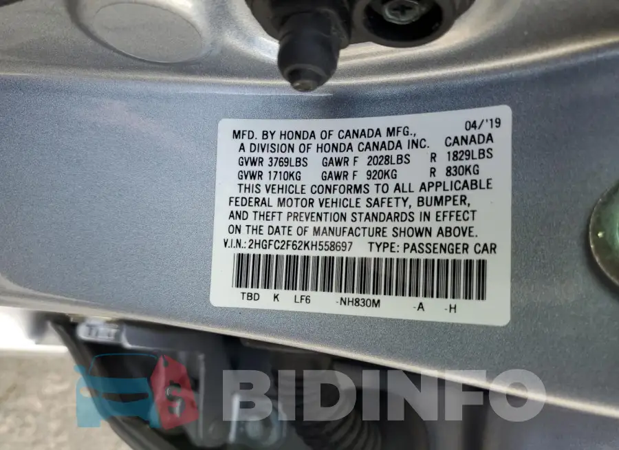 2HGFC2F62KH558697 Photo# 12