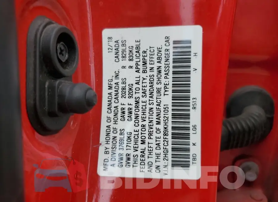 2HGFC2F89KH521051 Photo# 12