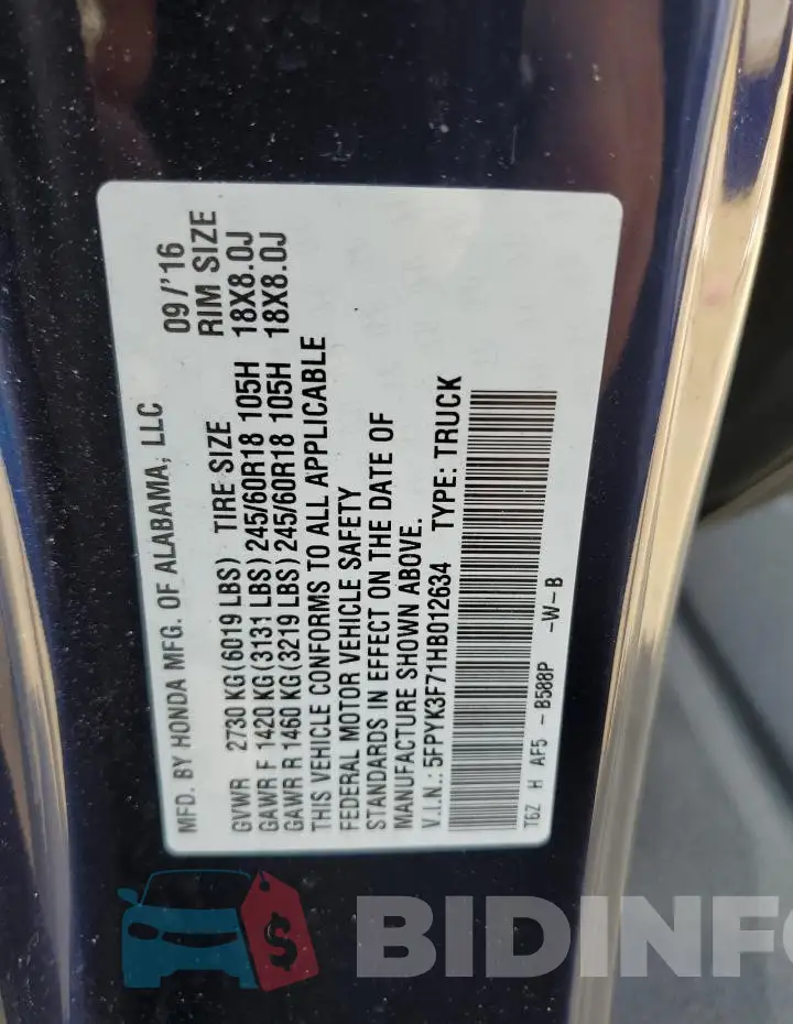 5FPYK3F71HB012634 Photo# 12