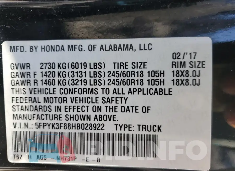 5FPYK3F88HB028922 Photo# 13