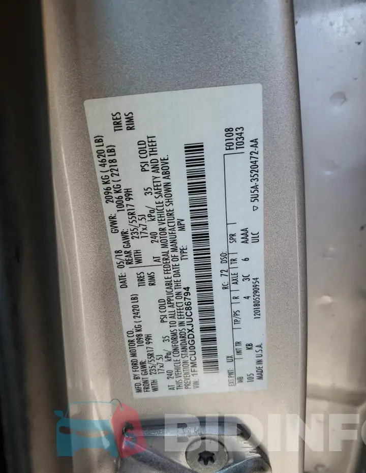 1FMCU0GDXJUC86794 Photo# 14