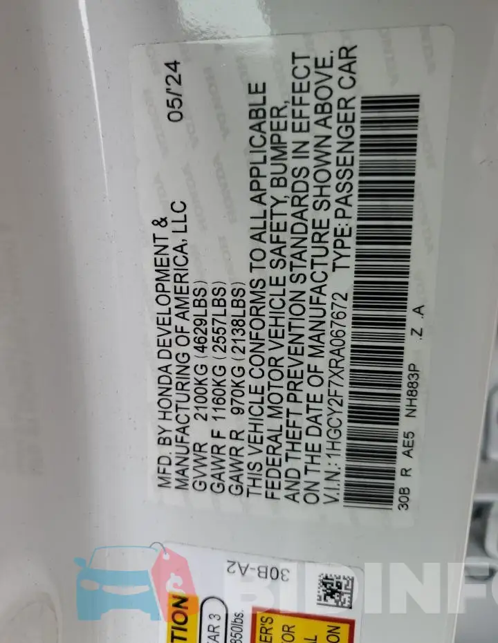 1HGCY2F7XRA067672 Photo# 12