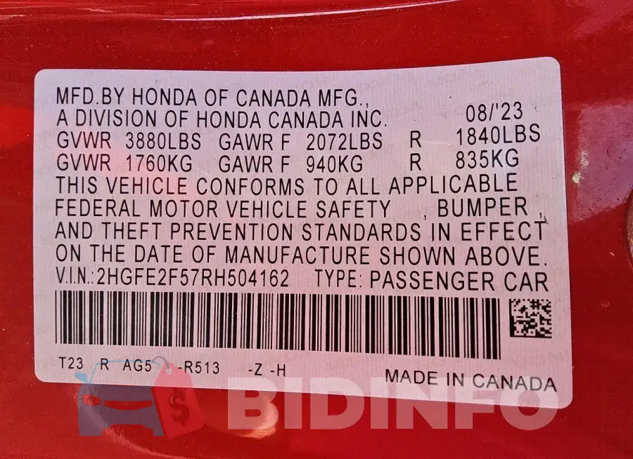 2HGFE2F57RH504162 Photo# 12
