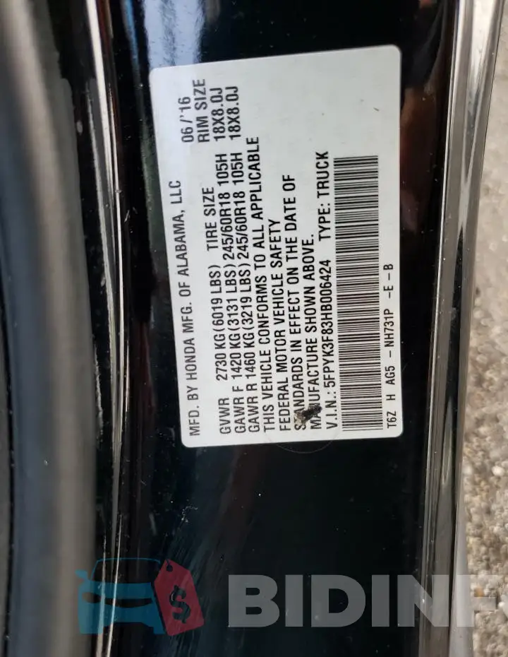 5FPYK3F83HB006424 Photo# 12