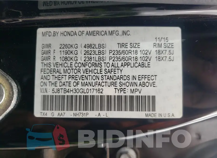 5J8TB4H30GL017162 Photo# 13
