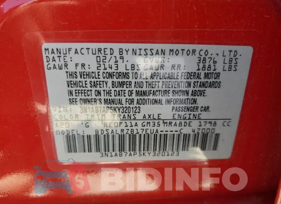 3N1AB7AP5KY320123 Photo# 13