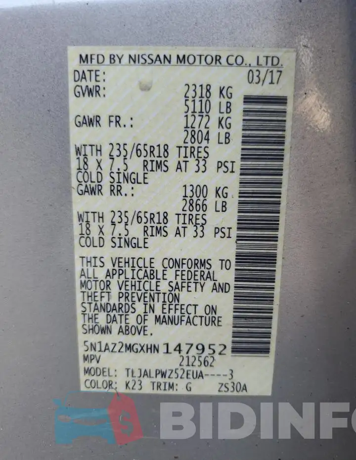5N1AZ2MGXHN147952 Photo# 12