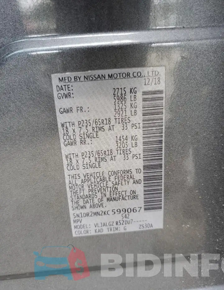 5N1DR2MN2KC599067 Photo# 13