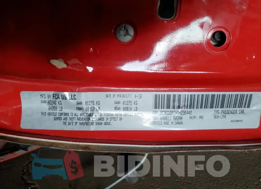 2C3CDZAGXGH236442 Photo# 12