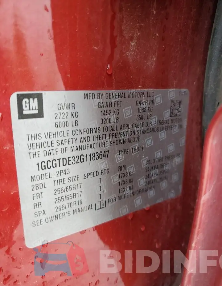 1GCGTDE32G1183647 Photo# 12